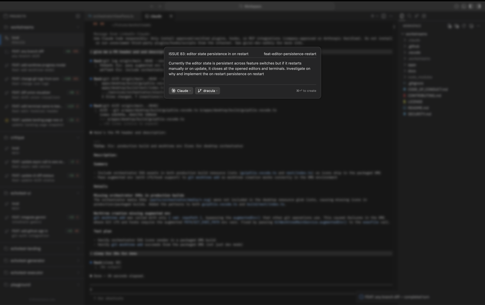 Creating a workstream: feature name, branch, prompt, and agent selection