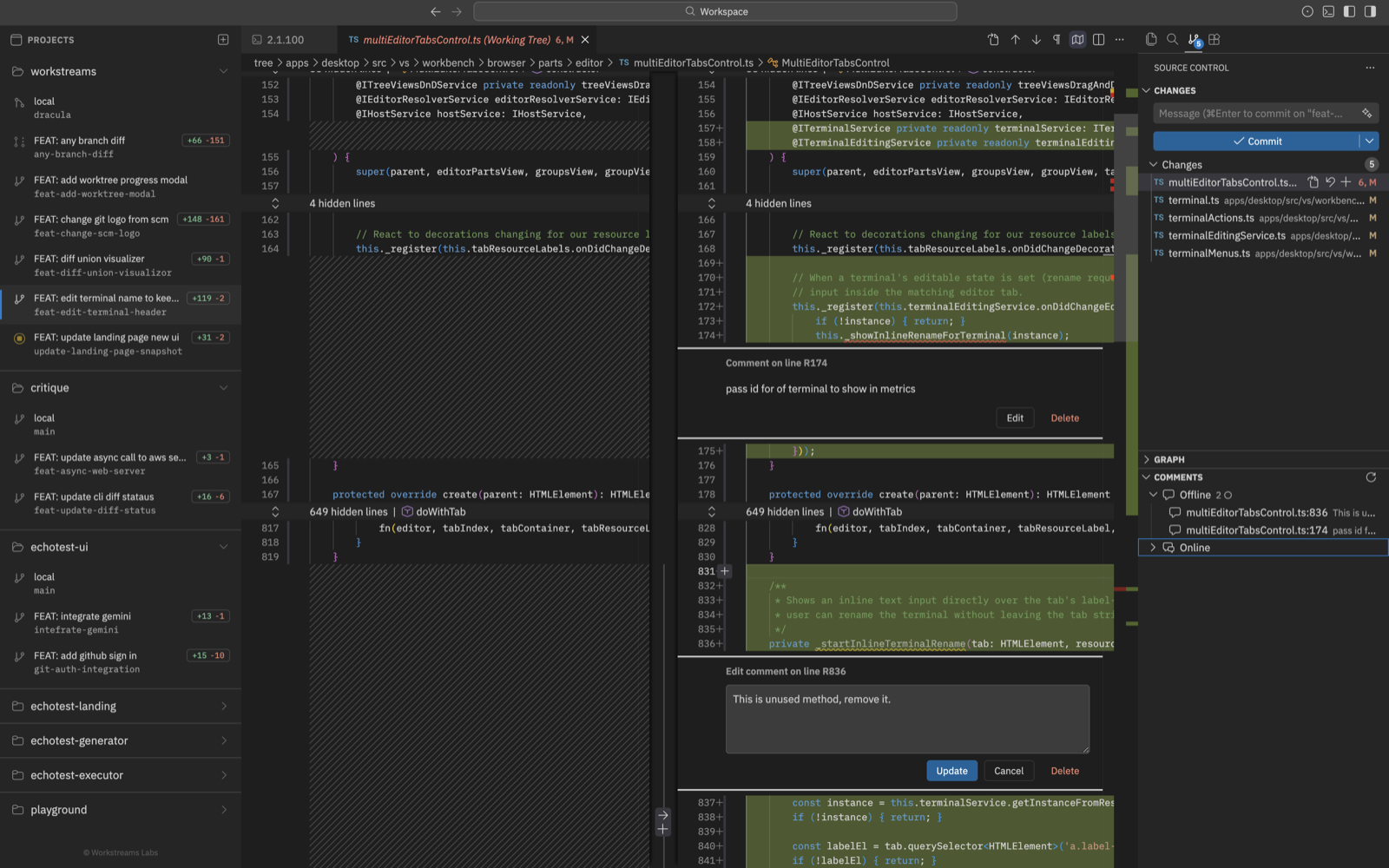 Split diff view with inline review comments anchored to specific lines