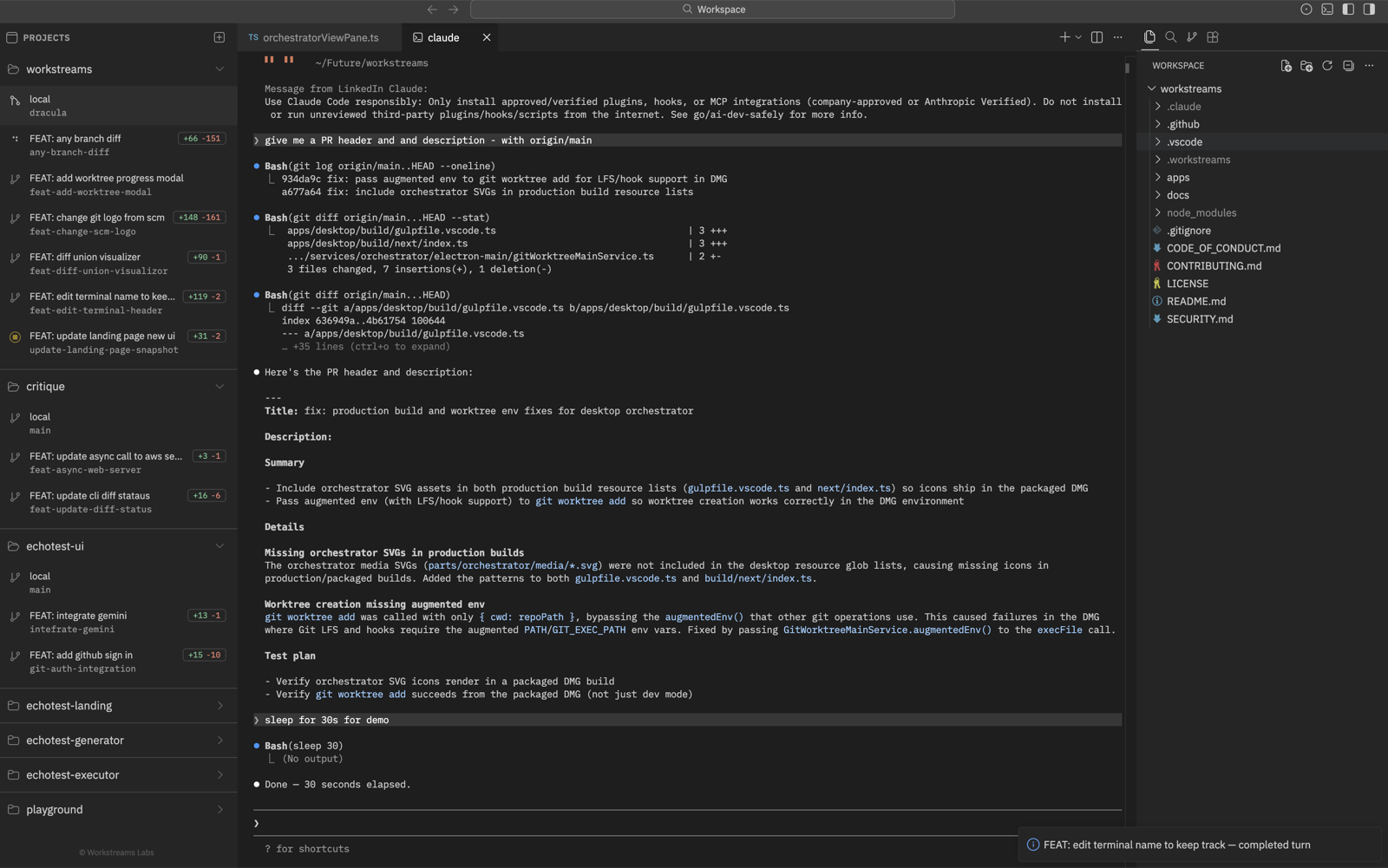 Multiple agents running in isolated worktrees with live diff stats in the sidebar